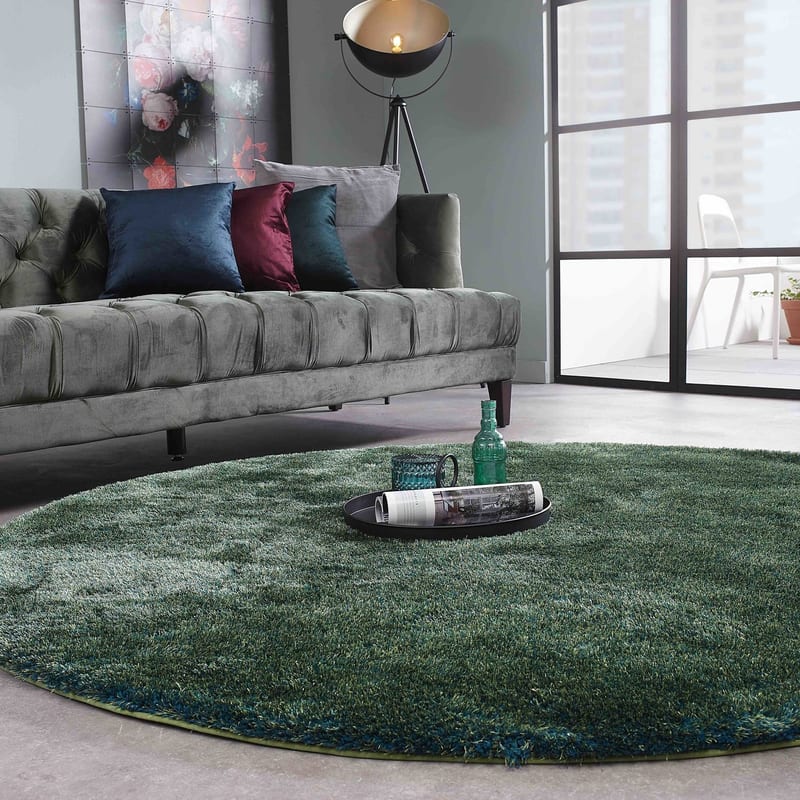 Ross 53 - Rond hoogpolig vloerkleed in blauw/groene kleurensamenstelling