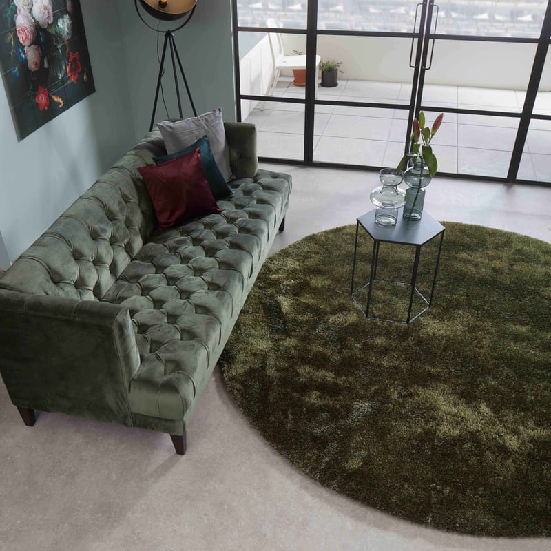 Ross 55 - Rond hoogpolig vloerkleed in Antraciet/Groene kleurensamenstelling
