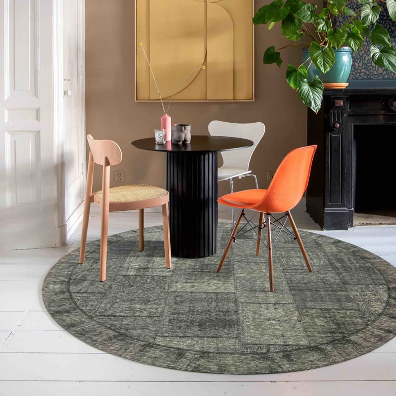 Enzo 23- Rond vintage vloerkleed antraciet grijze kleurstelling