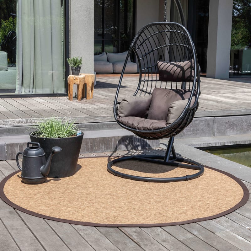 Sisal Outdoor 18 - Rond sisal vloerkleed voor buiten in donkerbruin met bruine band