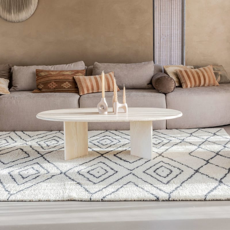 Reva 12 - Luxe Hoogpolig wollen vloerkleed in Beige met symmetrisch patroon