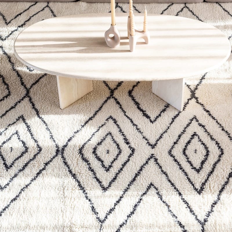 Reva 12 - Luxe Hoogpolig wollen vloerkleed in Beige met symmetrisch patroon