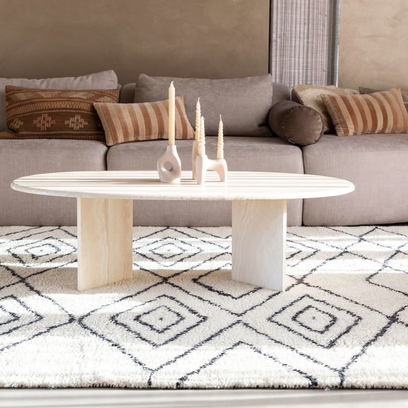 Reva 12 - Luxe Hoogpolig wollen vloerkleed in Beige met symmetrisch patroon
