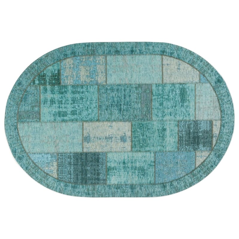 Enzo 33 - Ovaal Vintage patchwork vloerkleed met Turquoise garen