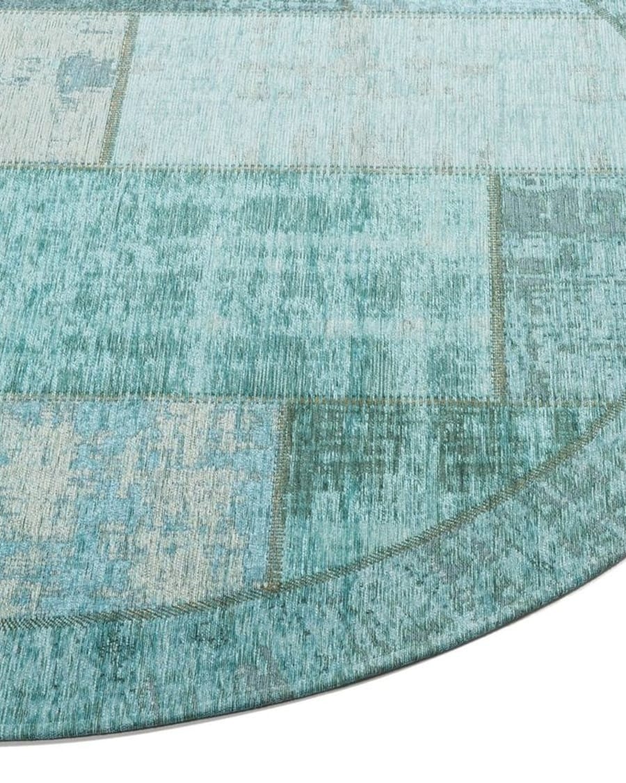 Enzo 33 - Ovaal Vintage patchwork vloerkleed met Turquoise garen
