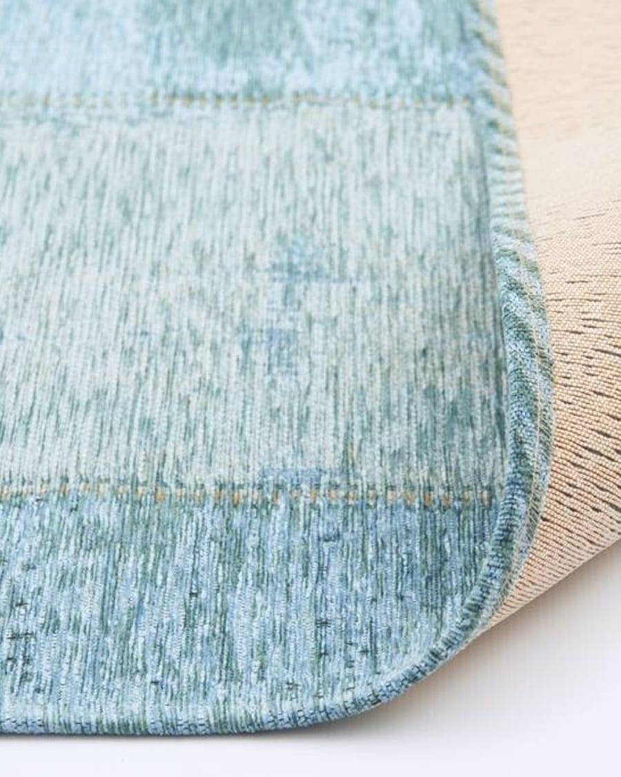 Enzo 33 - Ovaal Vintage patchwork vloerkleed met Turquoise garen
