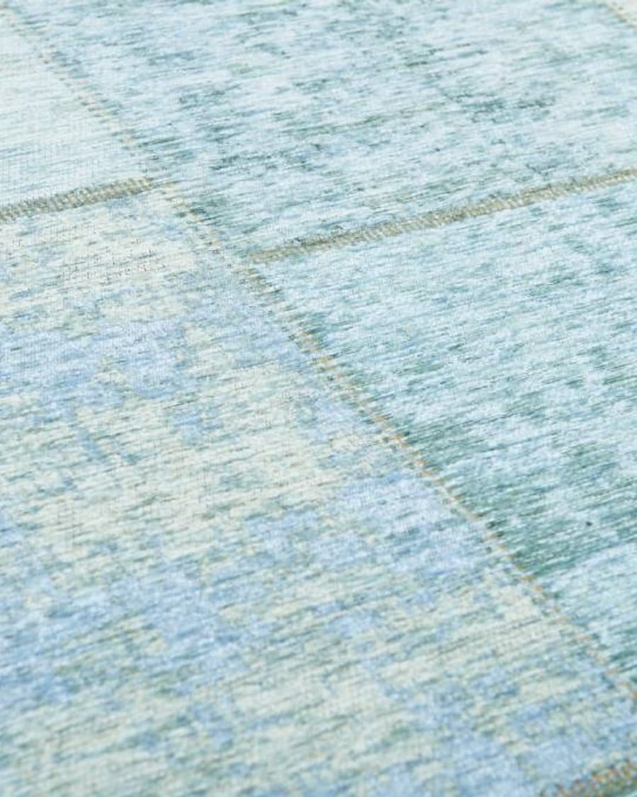 Enzo 33 - Ovaal Vintage patchwork vloerkleed met Turquoise garen