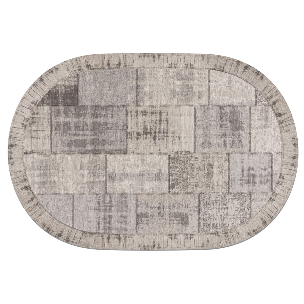 Enzo 23 - Ovaal Vintage patchwork vloerkleed in antraciet grijze kleurstelling
