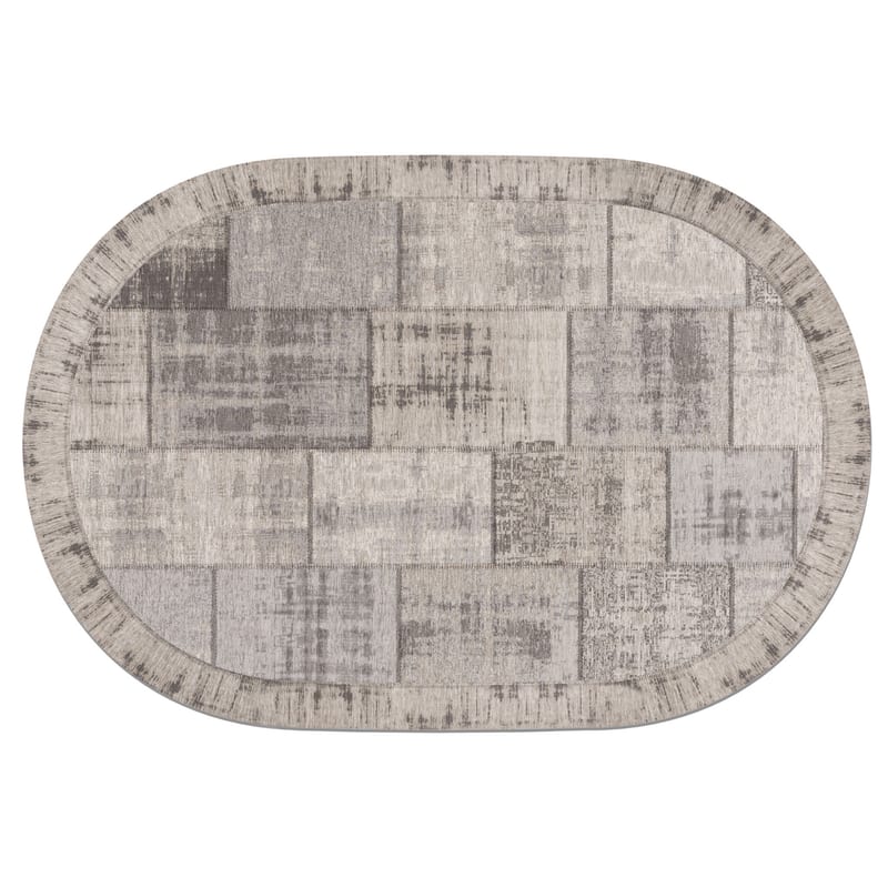 Enzo 23 - Ovaal Vintage patchwork vloerkleed in antraciet grijze kleurstelling