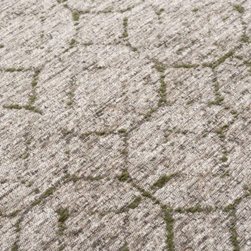 Noma 52 - Rond geometrisch vloerkleed in steengrijs met donkergroene lijnen