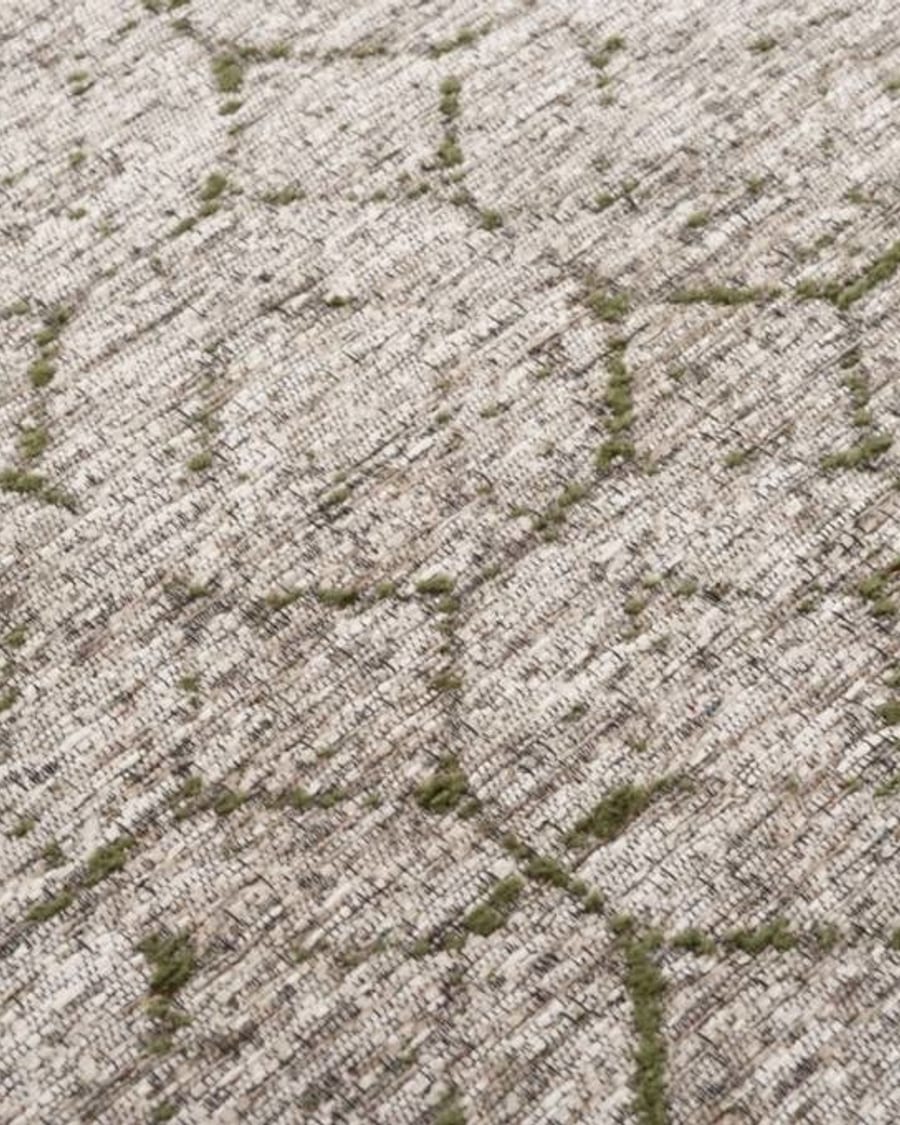 Noma 52 - Rond geometrisch vloerkleed in steengrijs met donkergroene lijnen