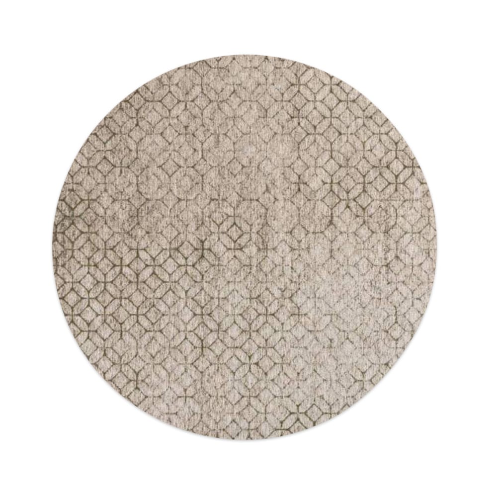 Noma 52 - Rond geometrisch vloerkleed in steengrijs met donkergroene lijnen