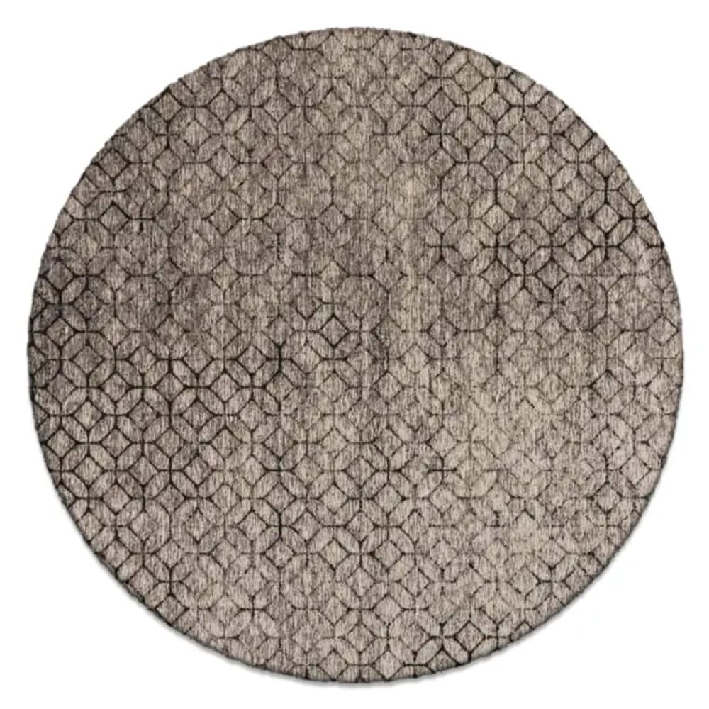 Noma 23 - Rond geometrisch vloerkleed in steengrijs met zwarte lijnen