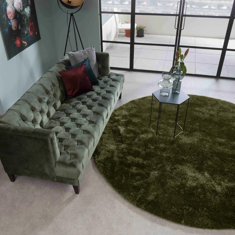 Ross 55 - Rond hoogpolig vloerkleed in Antraciet/Groene kleurensamenstelling